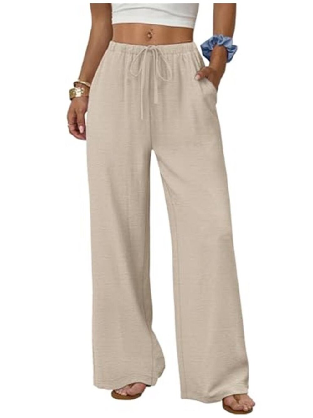 Wide Leg Palazzo Pants Drawstring Elastic Waist Casual Lounge Beach Pants Pocket